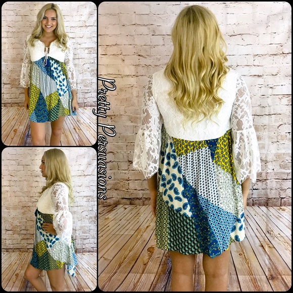 SALE‼️NWT Lace Bell Sleeve & Printed Peasant Dress - Picture 3 of 6