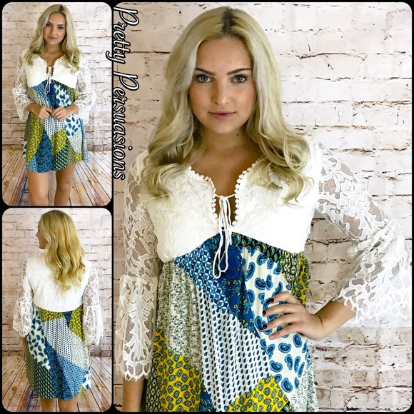 SALE‼️NWT Lace Bell Sleeve & Printed Peasant Dress - Picture 4 of 6