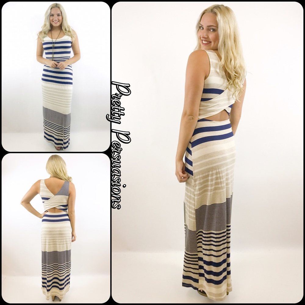 LAST TWO‼️ NWT Navy Tan Cream Striped Maxi Dress - Picture 2 of 5
