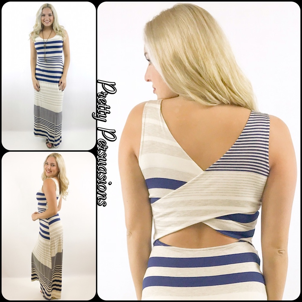 LAST TWO‼️ NWT Navy Tan Cream Striped Maxi Dress - Picture 4 of 5