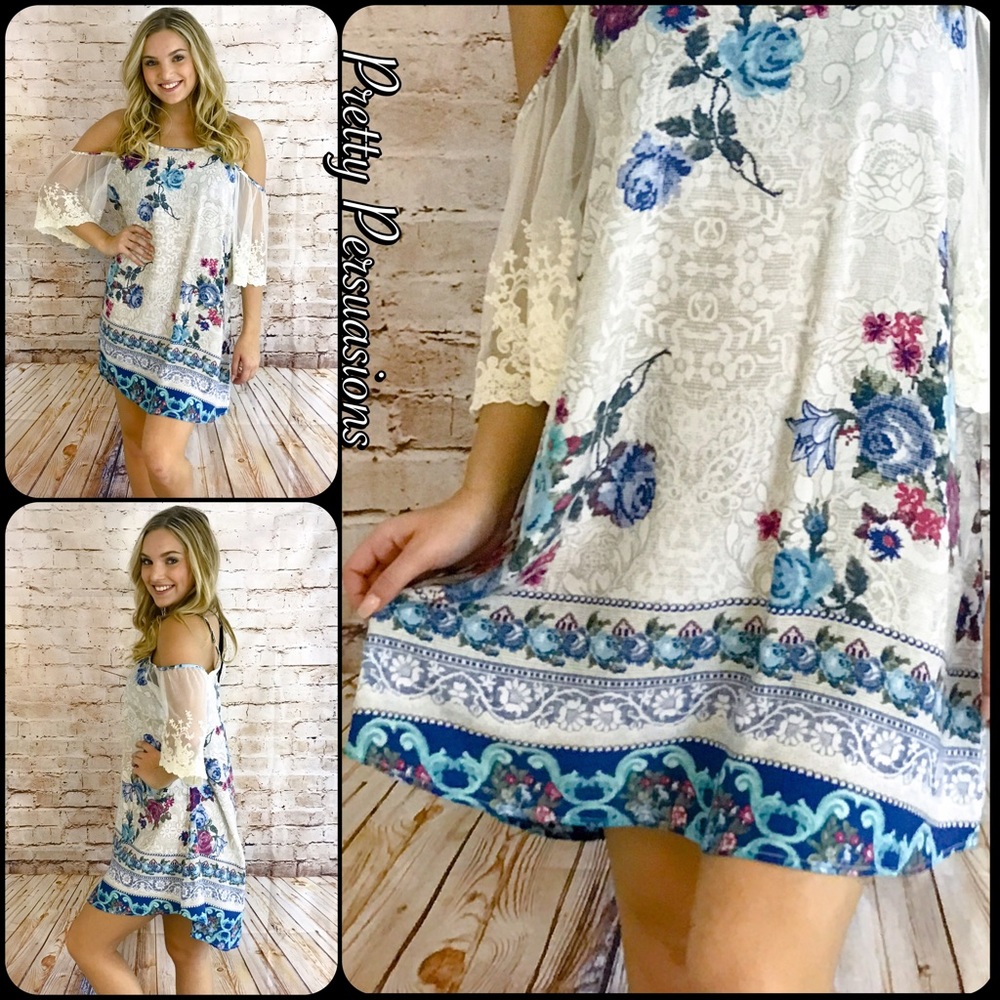 SOLD OUT‼️ Floral Lace Sleeve Cold Shoulder Dress - Picture 5 of 5