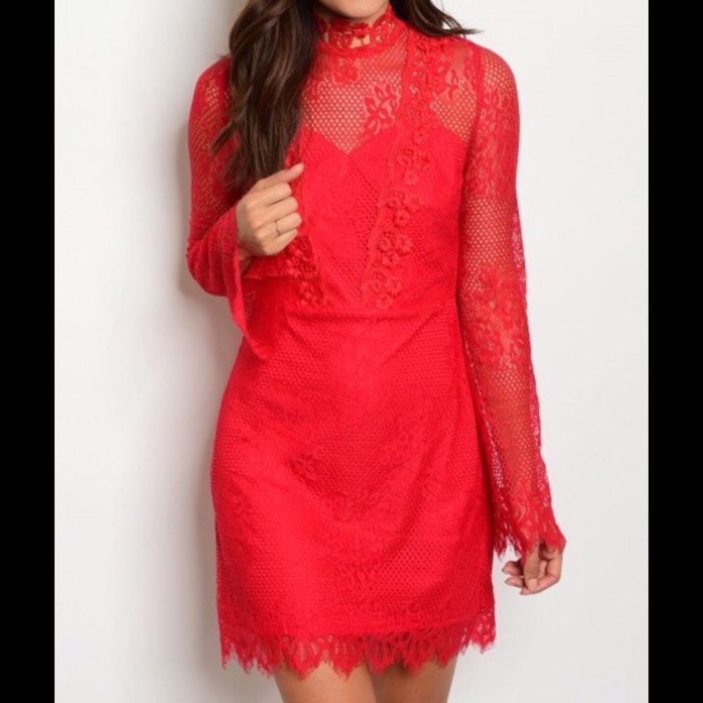 💕SOLD💕Red lace bell sleeve dress