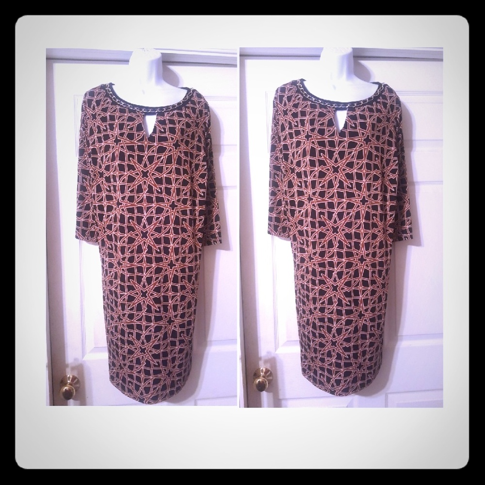 Brown and tan geometric print jersey knit sheath