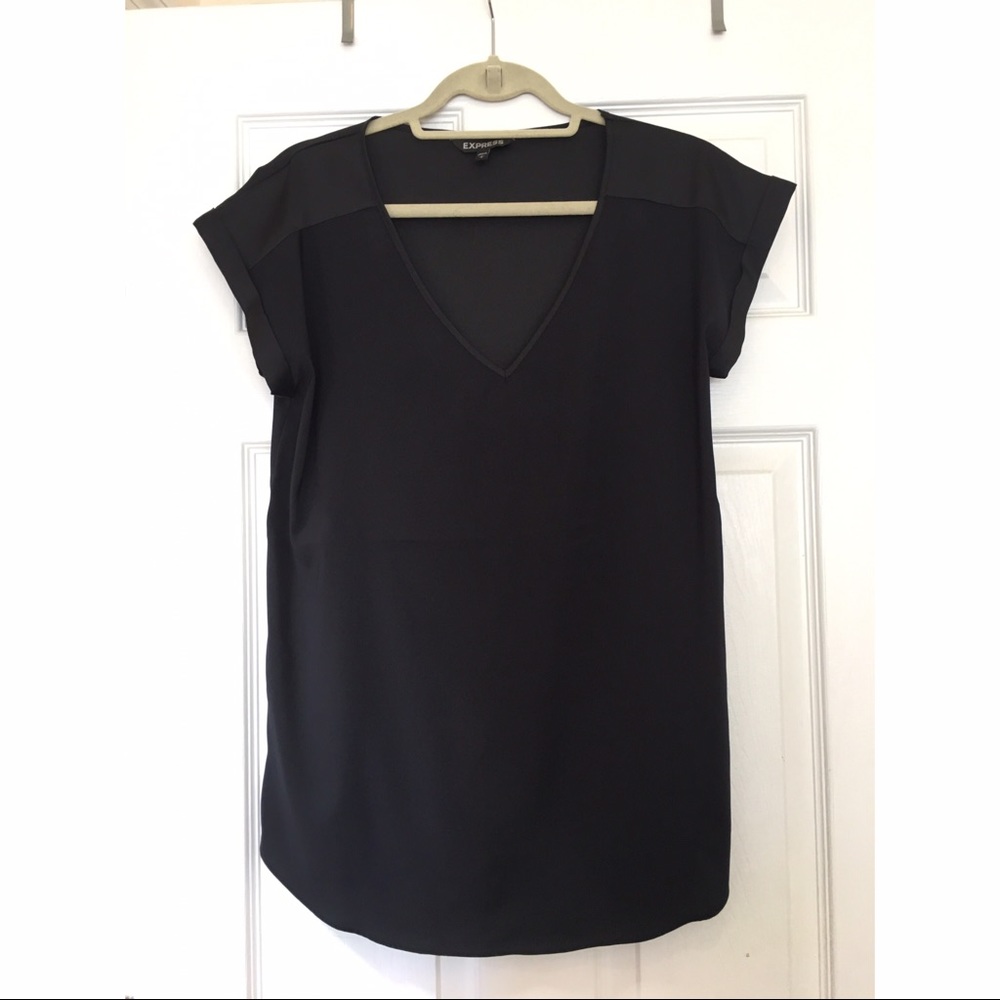 Express Silky V-Neck Rolled Sleeve Blouse