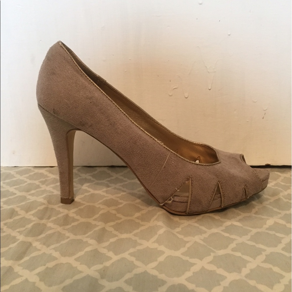 Fioni Heels - Tan Suede Peep Toe Cut Out Shoes