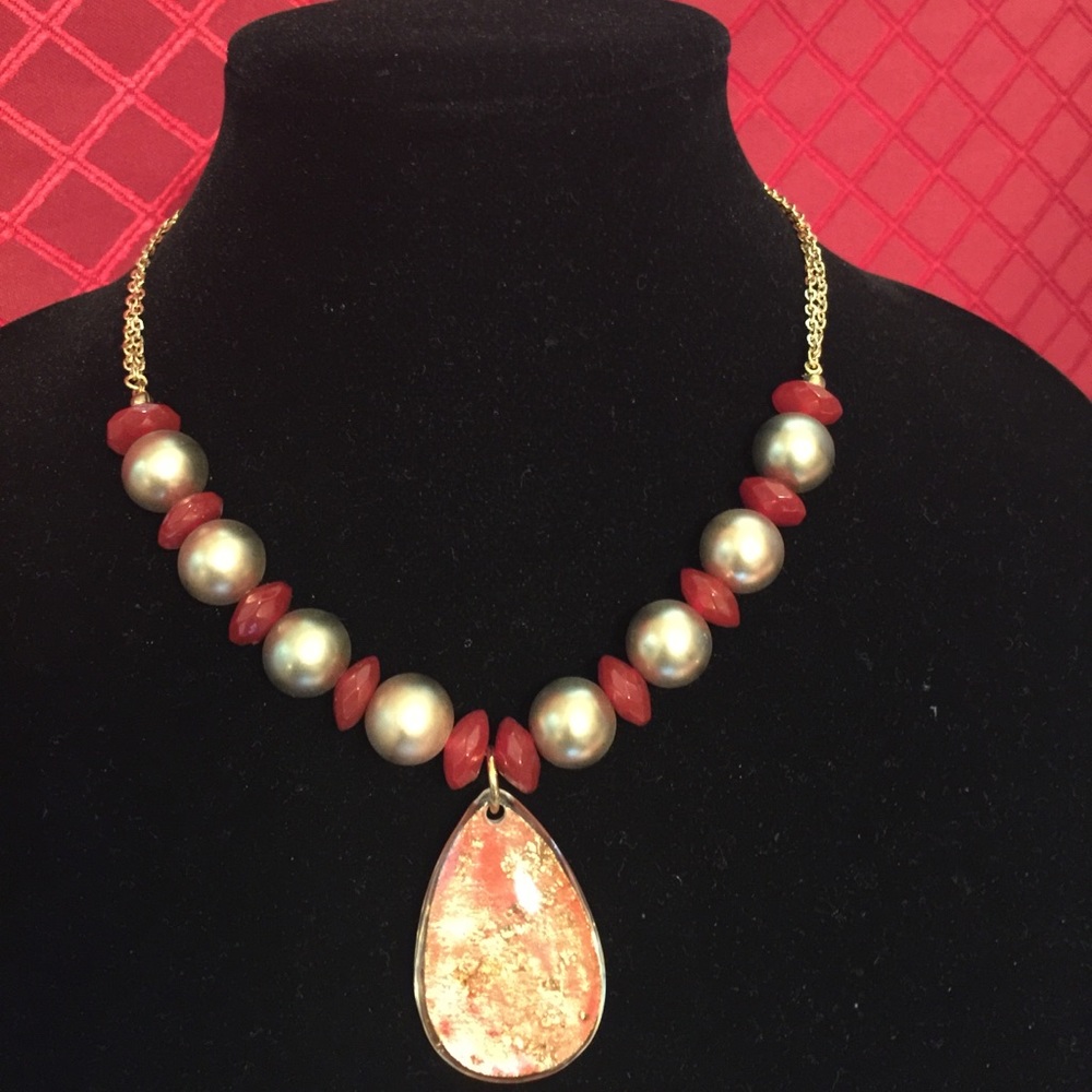 QVC Facetd Rondel/Red Satin Bead Necklace/Pendant
