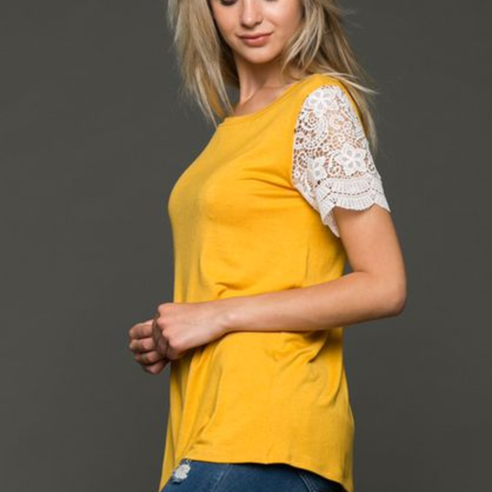 Lace Sleeve Mustard Tee - Picture 1 of 4