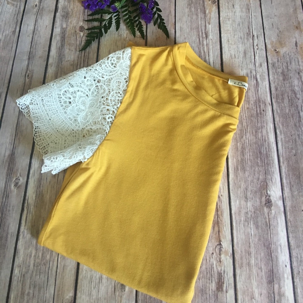 Lace Sleeve Mustard Tee - Picture 2 of 4