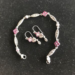 Purple flower design pewter bracelet, earrings