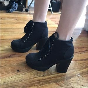 Black chunky lace up high heel boots