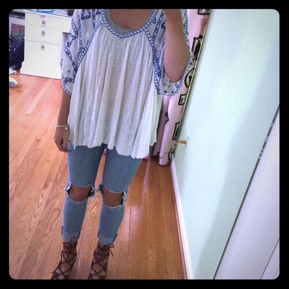 Free People White and Blue Flowy Blouse