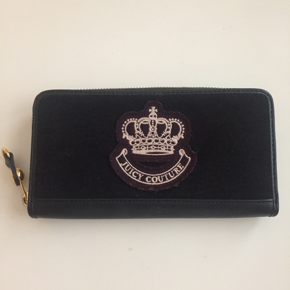 Juicy Couture Velour Black Crown Zip Wallet