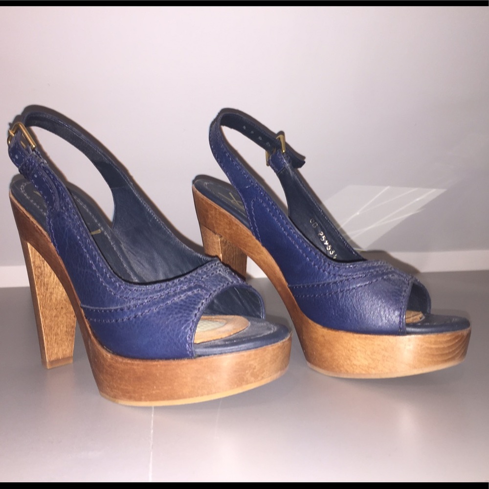 Saint Laurent Navy and Wood Platform Sandals