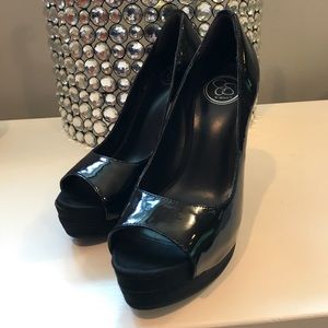 Black Patent Leather and Fabric Peep Toe Stilletos