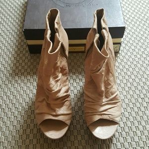 modern vintage open toe wedge platform booties