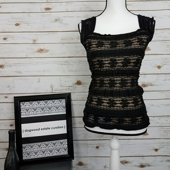 {Max Studio} Lined Black Lace Stretch Fit Top-S - Picture 2 of 5