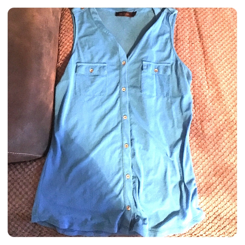 Sheer bright blue tank with gold buttons