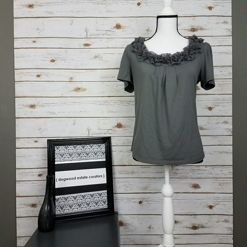 {LOFT} Gray Cap Sleeve Top-Ruffle Neckline-Medium