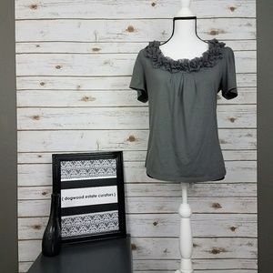 {LOFT} Gray Cap Sleeve Top-Ruffle Neckline-Medium