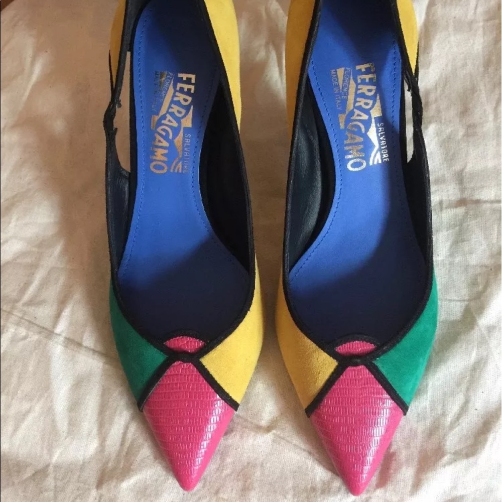 New! Salvatore Ferragamo Multi Colored Suede Pumps