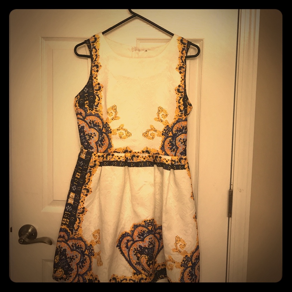 Blue and yellow patterned white dress!