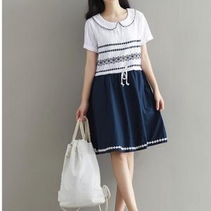 Navy & white short sleeve embroidered dress