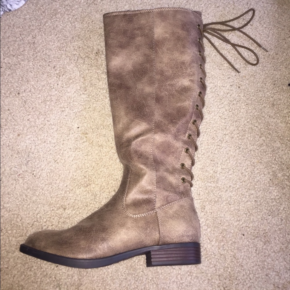 Brown Knee High Boots with Lace-Up Back