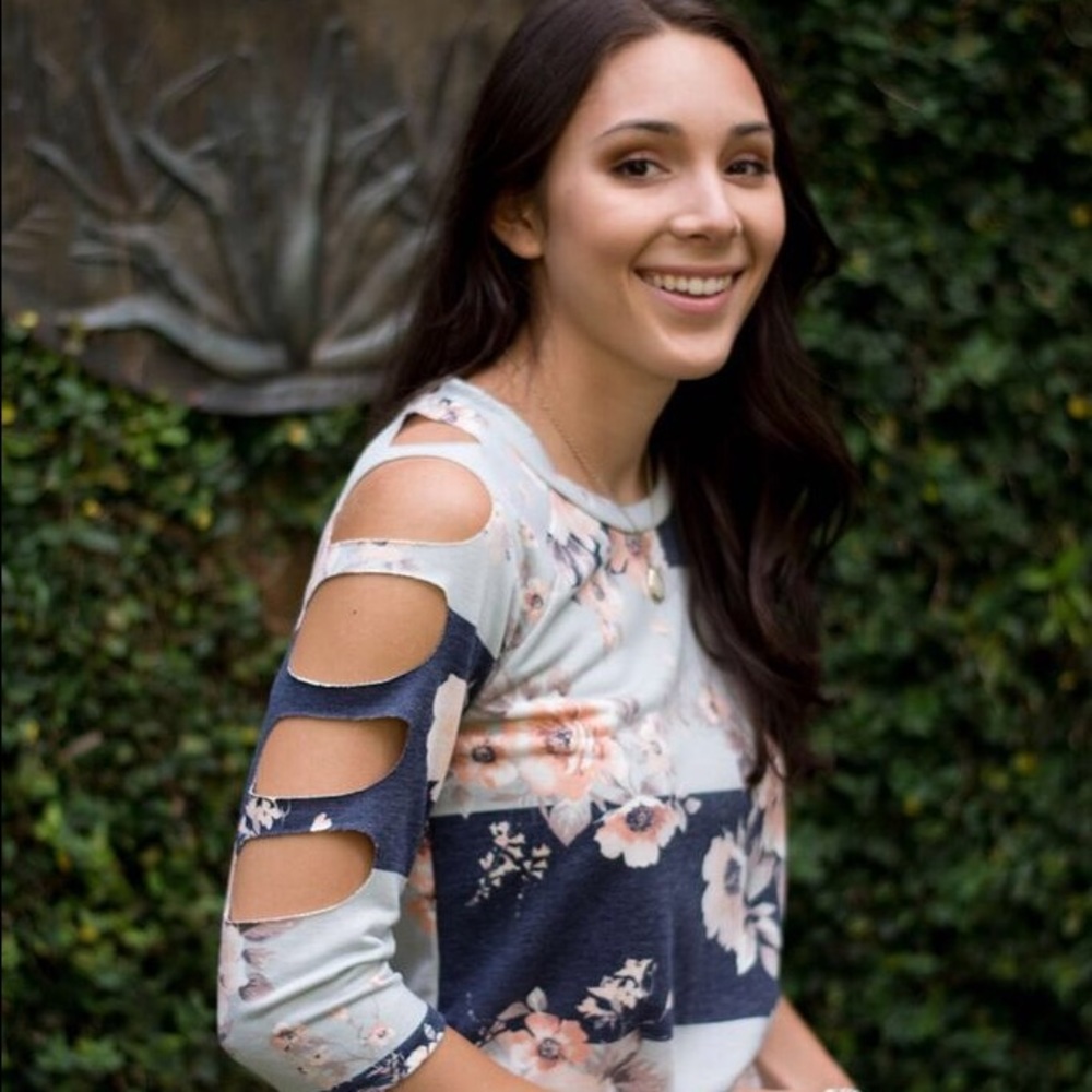 Made in the USA three quarter sleeve Navy and Grey Floral Stripe Sweater Top - Picture 2 of 2