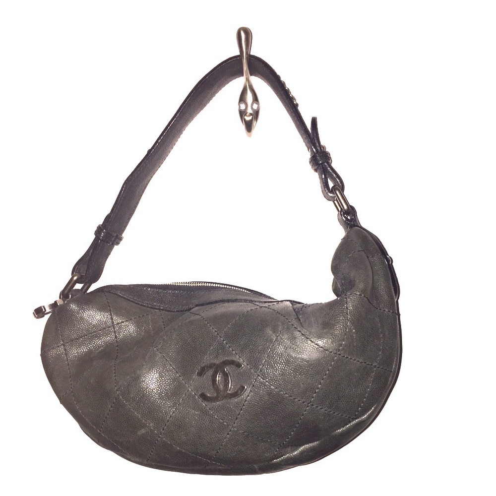 Quilt-stitched black leather Chanel hobo bag
