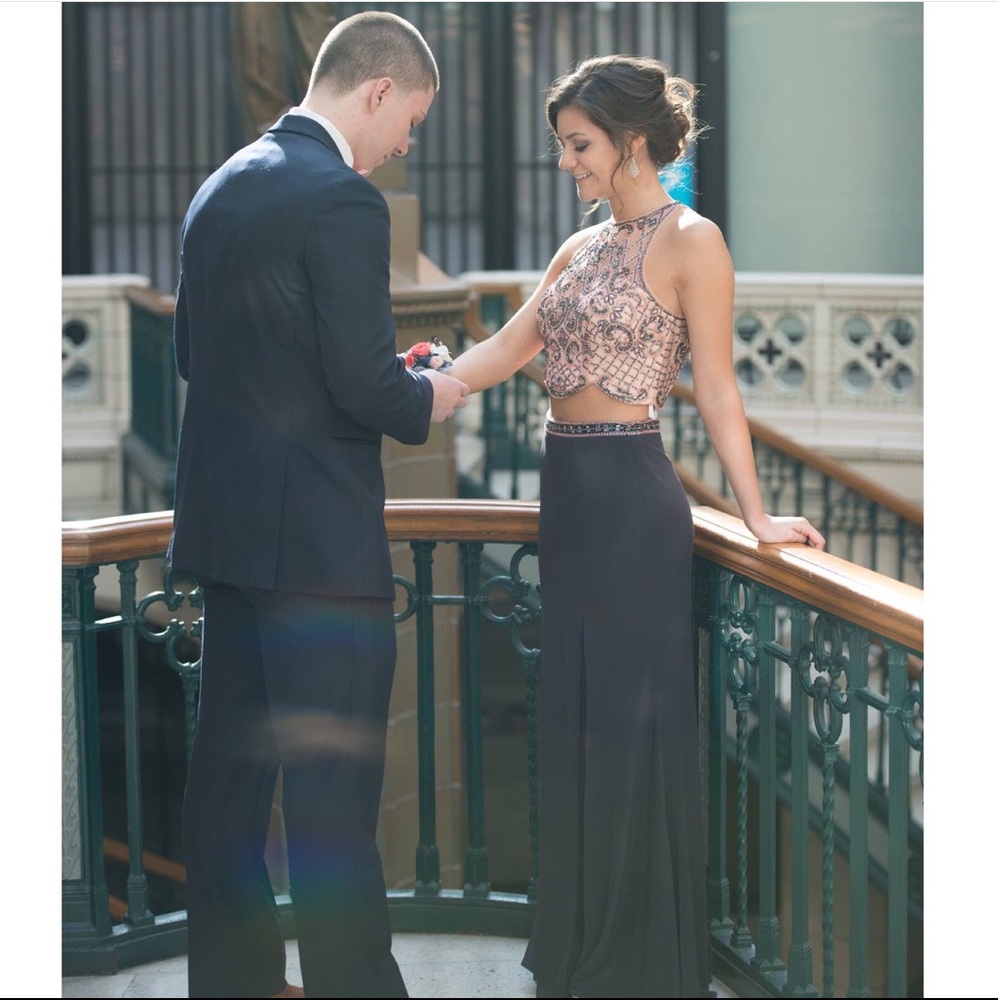 Sherri hill two piece sheer beaded-top prom dress