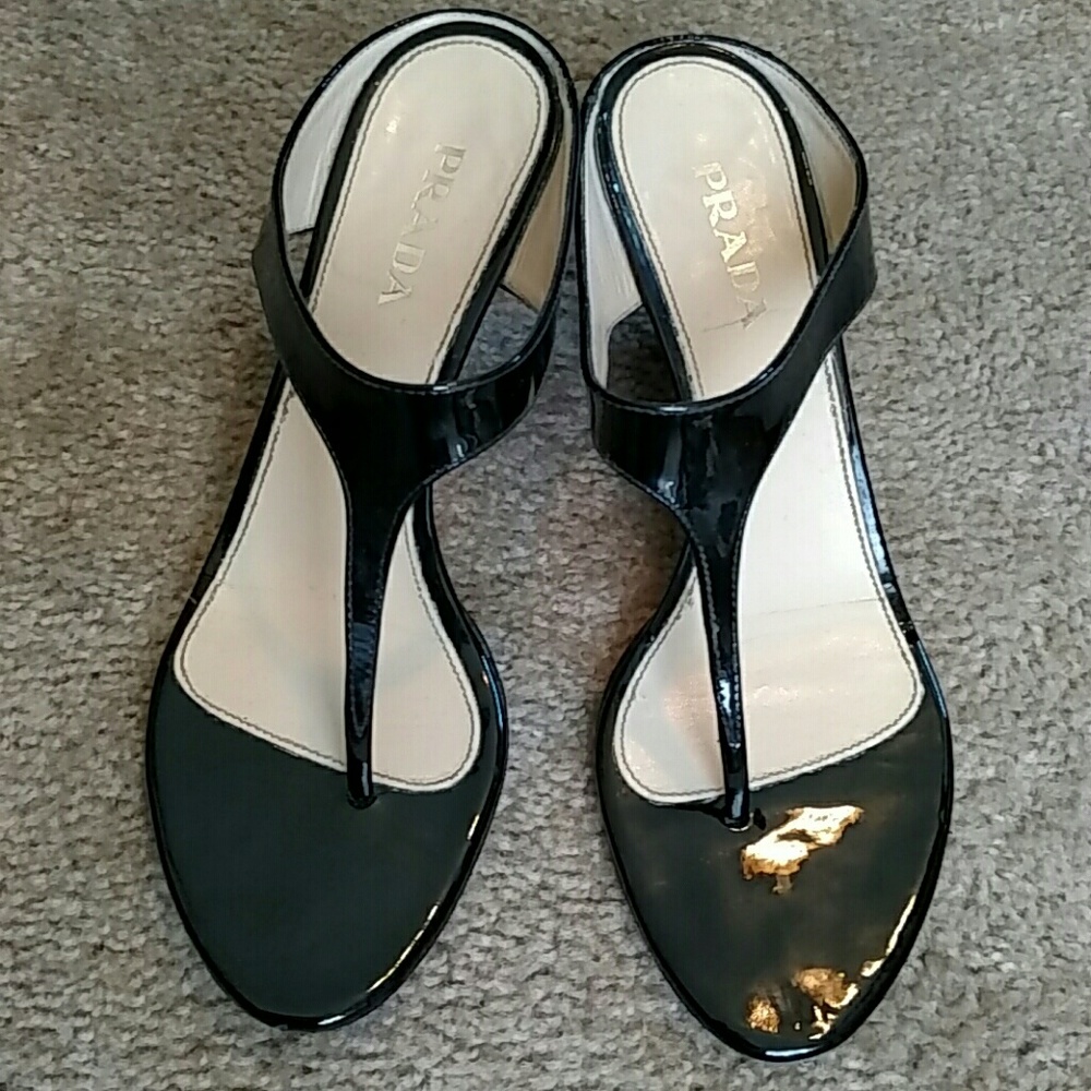 Gorgeous Prada Black Patent Leather Wedge Sandal