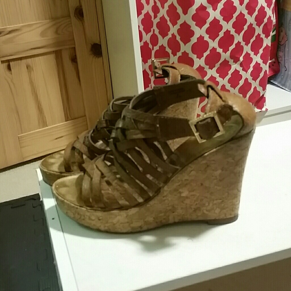 Tory Burch tan leather Annamarte cork wedge