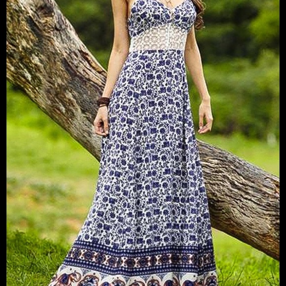 Small in-Bohemian Print Maxi Dress-Lace Insert - Picture 4 of 5