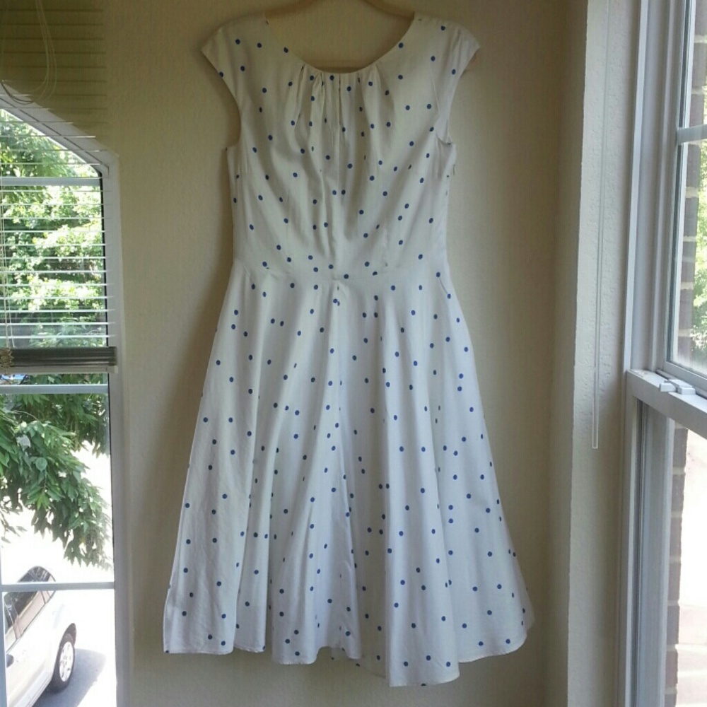 Boden Flowershow Dress in Ivory with Blue Dots