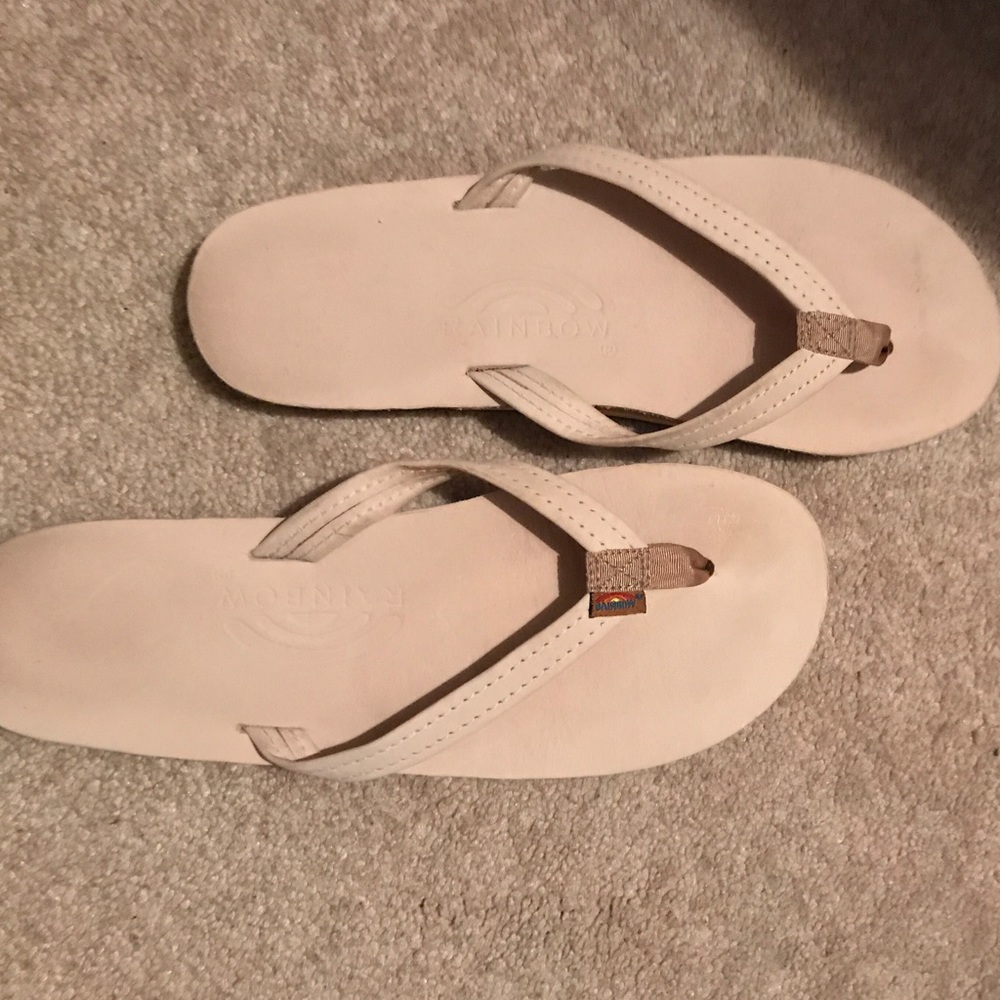 White thin strap rainbow flip flops!