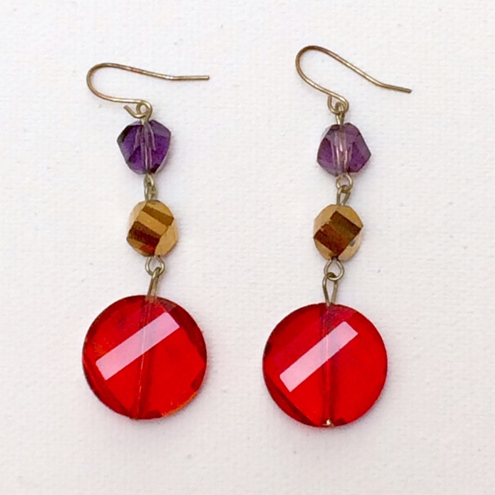 Red, purple, and gold beaded drop earrings
