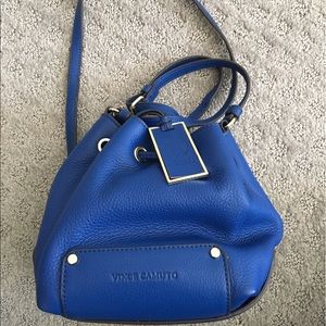 Vince Camuto blue leather bucket bag.