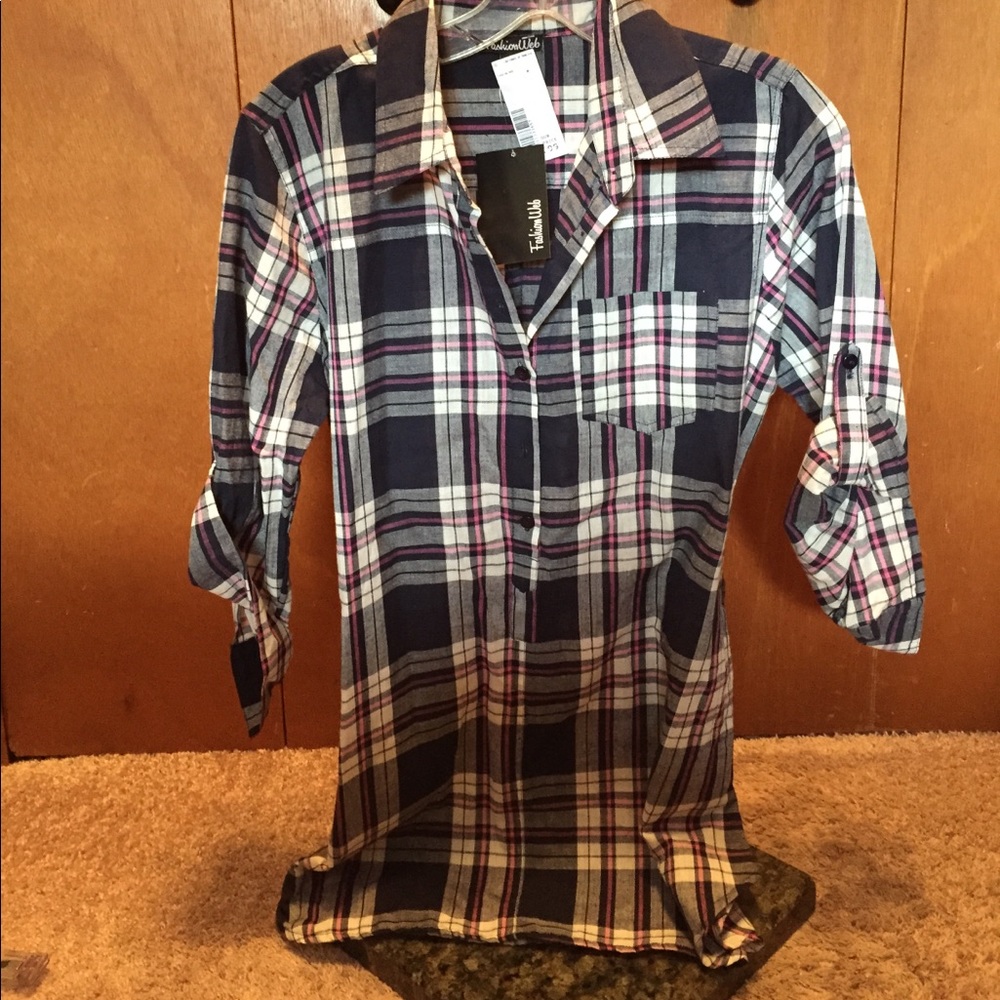Plaid Blouse with Rope Belt New