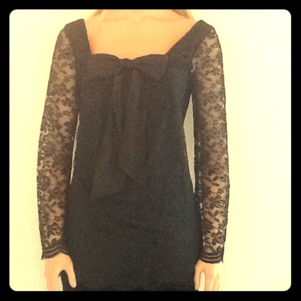Beautiful Black Lace Blouse W/Satin Bow Front