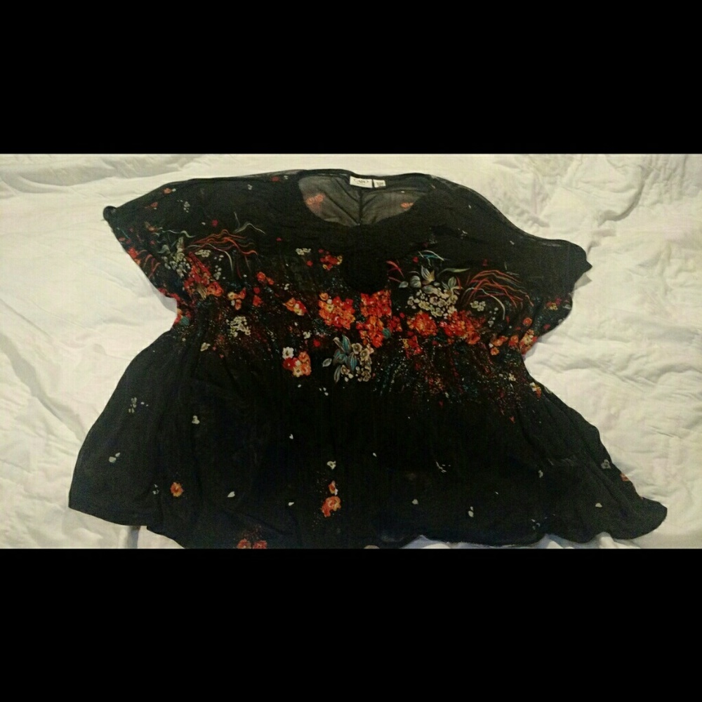 Sheer Black Floral Blouse, Crochet Neckline