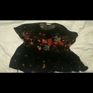 Sheer Black Floral Blouse, Crochet Neckline