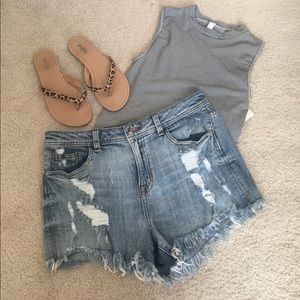 High waisted distressed jean shorts