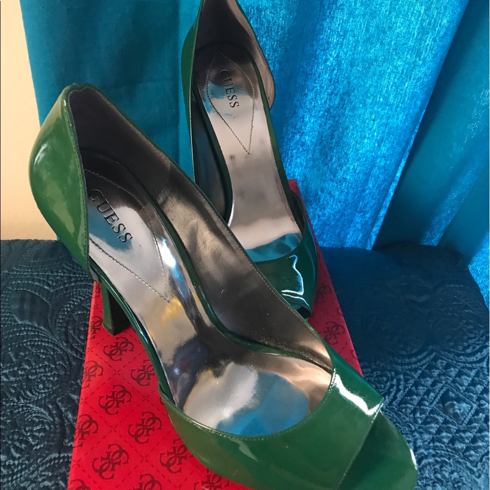 Slightly used green patent peep toe heels by Guess