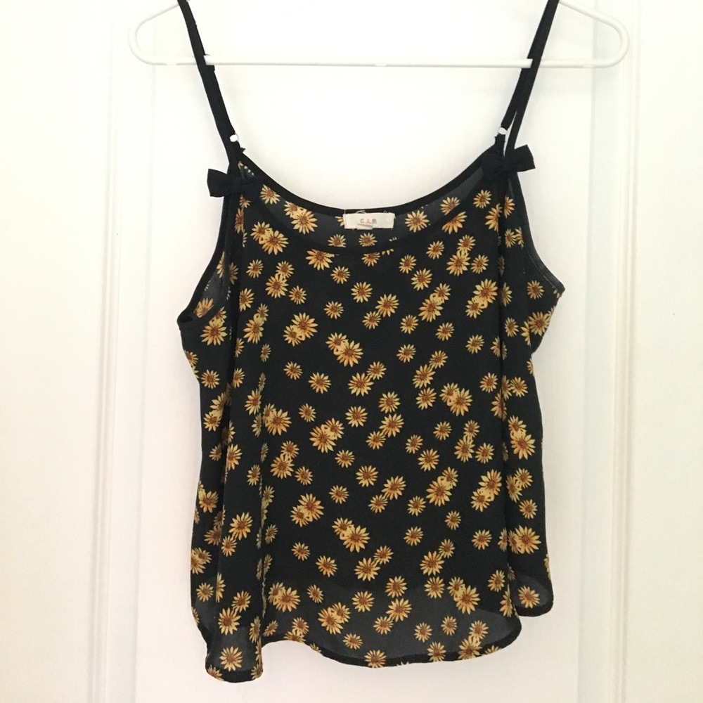 Sunflower floral crop top with adjustable straps.