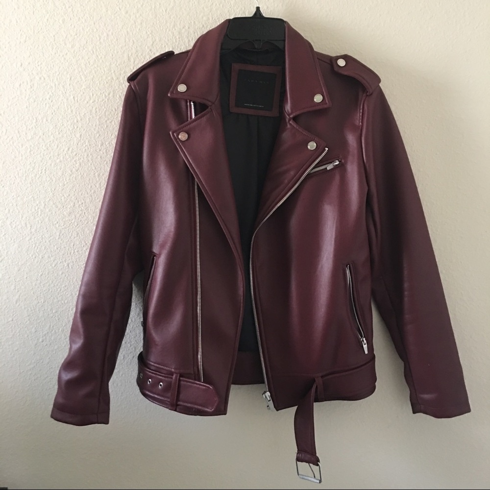 ZARA MENS Red Leather Biker Jacket (S)