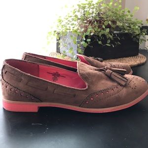 Tan suede loafers with pink accents