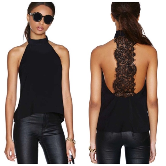 Black Open Back Lace Halter Top D40 - Picture 1 of 6