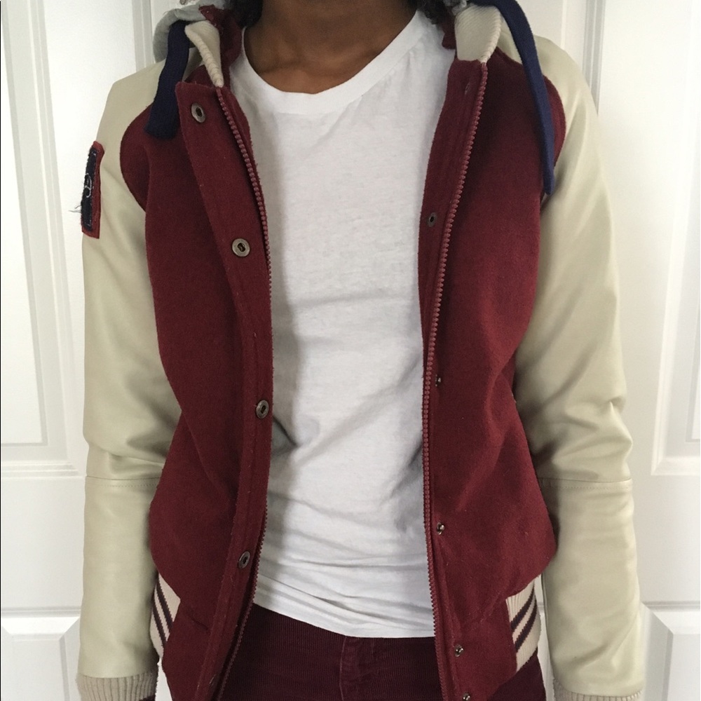 Burgundy/ tan/ gray/ navy letterman jacket