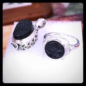 Black druzy floral ring and poison pendant