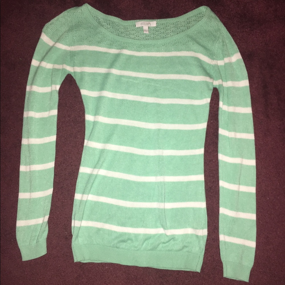 Mint green and white striped fitted sweater